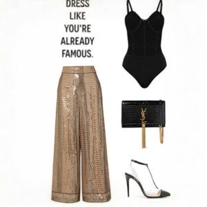 US6 Temperley London Platinum Silk Satin-trimmed Sequins Chiffon Wide-leg Pants